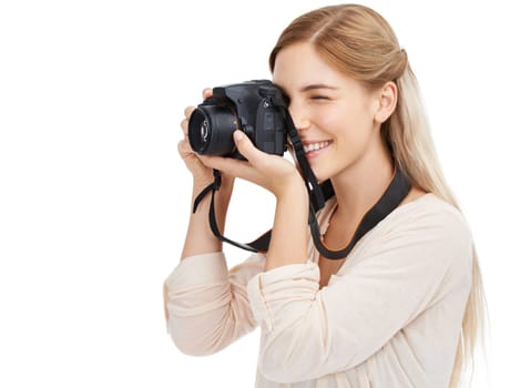 Photographer, camera and focus with woman and photography take picture for art and photo journalist on white background. Mockup space, creativity and lens in studio for content creation with tech