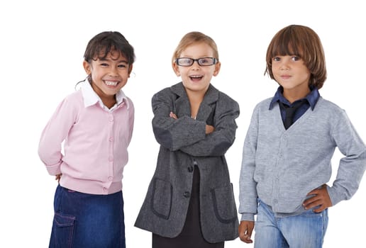 Portrait, kids with business clothes and friends in studio isolated on white background to imagine career. Smile, work or job with boy and girl children in professional suit clothing for profession