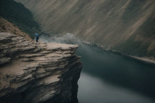 Person Standing on Cliff Overlooking Beautiful Water Landscape. Generative AI.