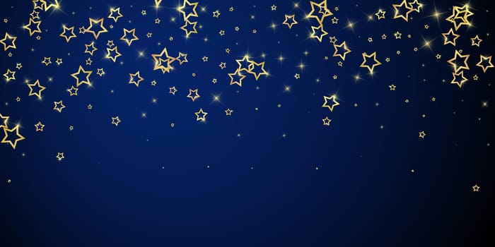 Twinkle stars scattered around randomly, flying, falling down, floating. Christmas celebration concept. Festive stars vector illustration on dark blue background.