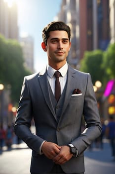 Businessman in a Suit Standing on Busy City Street. Generative AI.