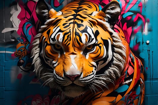 Majestic Tiger Mural on Side of Building. Generative AI.