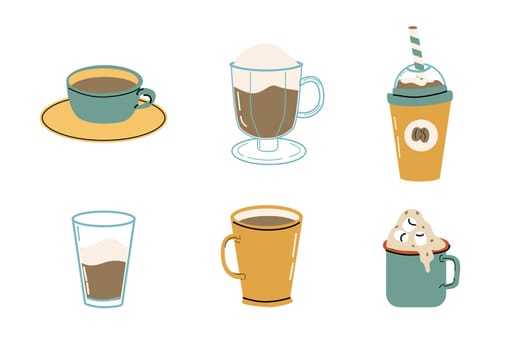 Hand drawn drink coffee in various cups. Vector illustration can used for banner, flyer, wallpapers, poster.