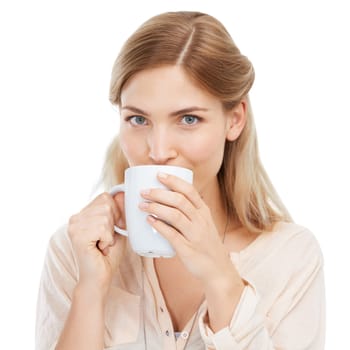 Portrait, drinking coffee and woman with cup in studio isolated on a white background. Face, tea mug and young person or girl with hot healthy beverage, latte or espresso for breakfast in the morning