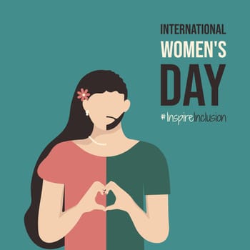 Poster Inspire Inclusion International Women's Day 2024. Person fold her hands with heart for IWD postcard. Minimalist greeting card with InspireInclusion and girl identify as he she they