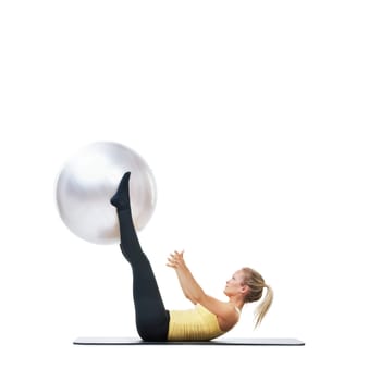 Exercise ball, fitness and woman stretching on a studio floor for legs, strength or training on white background. Gym, mockup and female athlete with inflatable for ground, workout or flexibility