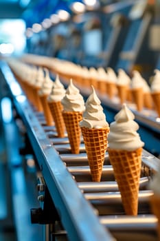 making ice cream in a cone at a factory. Selective focus.