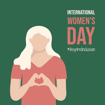 Spring InspireInclusion International Women's Day Greeting Card. Woman fold her hands with heart IWD 2024. Lady with white albino skin on Minimalist illustration with Inspire Inclusion slogan