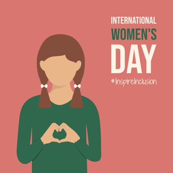 Child on Inspire Inclusion poster IWD 8 March 2024. Woman fold her hands with heart for International Women's Day pink Card. Minimalist InspireInclusion slogan and little girl with ponytails