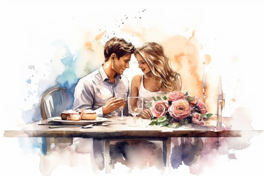Indulge in a romantic date as a watercolor illustration portrays a couple in love having breakfast in a charming cafe. The art captures the essence of togetherness.