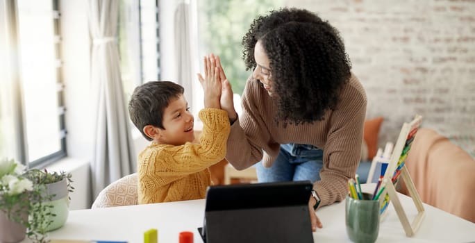 Mom, high five or child with tablet for elearning education, development growth or homework success. Family, happy mother or school kid with motivation, support or teaching for an online project