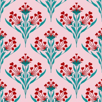 Hand drawn seamless pattern in flower floral st Valentine day style. Elegant colorful love retro vintage design, victorian fabric print, red hearts white emerald green leaves lines, modern damask.
