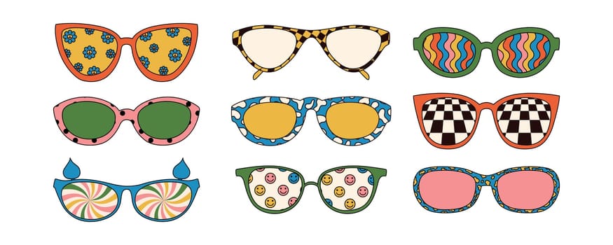 Set of trippy sunglasses in different forms with patterns. Vector illustrations isolated on white background.