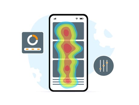 Mobile App Heatmap. Visualize user interactions within the app. Website SEO analytics tool concept. Analyze finger movements and eye tracking heatmap for client behavior mobile devices