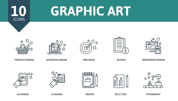 Graphic Art set icon. Editable icons graphic art theme such as product design, precision, responsive design and more.