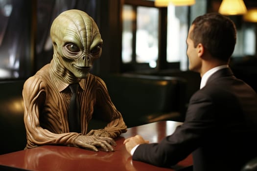 An alien is interviewing a businessman.