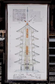 Architectural or technical drawing of the five-storied pagoda of Toji temple.