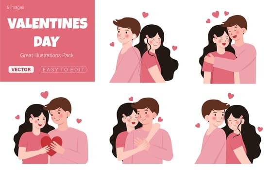 Set of Couple in love celebrating holiday, people resting on romantic date. Saint Valentine Day. Vector illustration