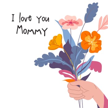 Holiday card, I love you mommy, banner with flora