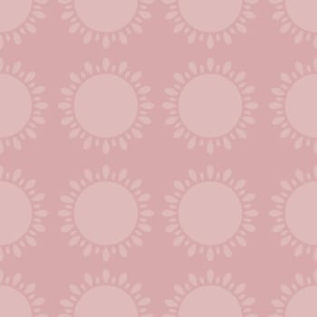 Seamless pattern. Geometric pattern with the image of pink suns on a pink background. A sunny pattern on a pink background. Pattern for printing and packaging. Vector illustration