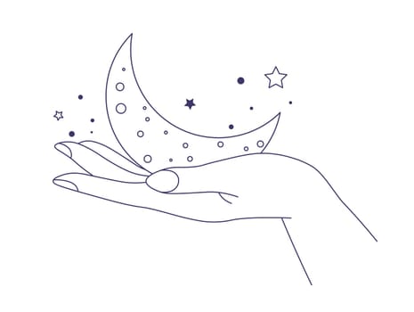 Hand holding crescent moon with stars floating
