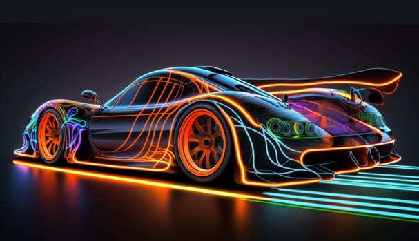 High resolution neon racing car. selective focus. Generative AI,