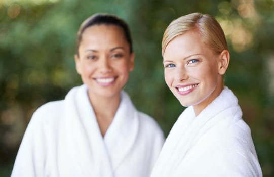 Portrait, women and friends smile at spa for therapy, beauty and skincare treatment for wellness. Face, happy girls and salon to relax, luxury pamper or peace together at outdoor resort for health.