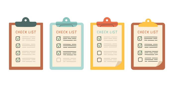 Clipboard with check list set. Completed task list. Documents in a folder. Check mark. Flat design
