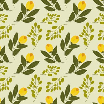 Seamless pattern, yellow tulip flowers and twigs with leaves on a light green background. Floral background