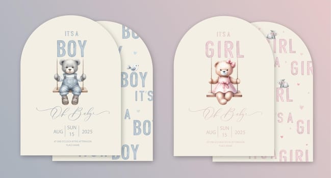 Cute baby shower watercolor arch invitation card with plush toy bear. Its a boy. Its a girl.