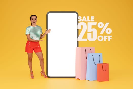 Woman Advertising Shopping Application Showing Phone, Collage On Yellow Background