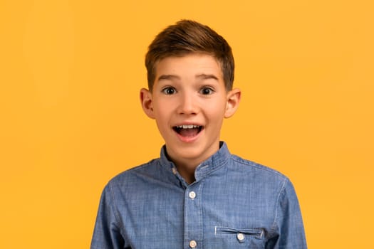 Portrait of joyful surprised teenage boy posing against yellow studio background