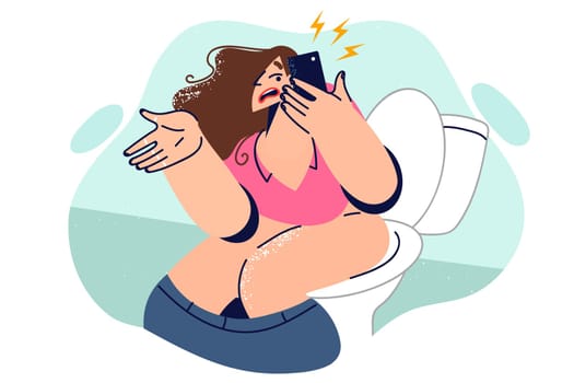 Woman suffering from diarrhea talks on phone sitting on toilet and ordering medicine with delivery.