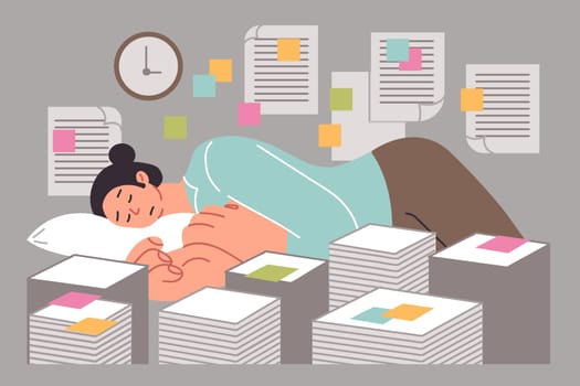 Woman sleeps in office among documents due to overwork caused by abundance paperwork and deadlines