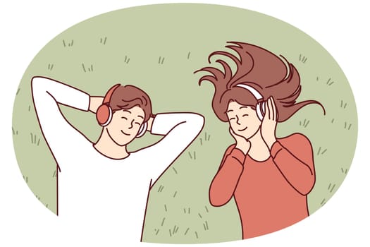Man and woman enjoy listening to music in wireless headphones and enjoy cool song. Vector image