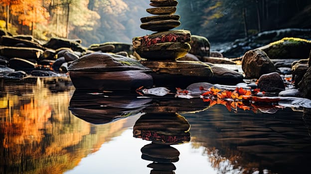 Witness the serene beauty of a balance of stones in a flowing river