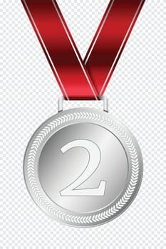 Silver medal. Silver medal with red ribbon. Design winner golden medal prize. Champion winner award medal