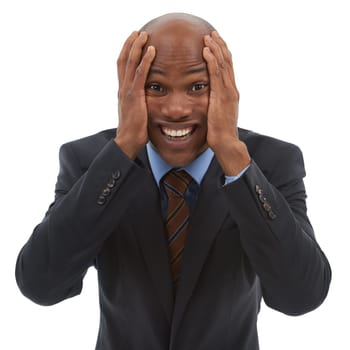 Frustrated businessman, portrait or stress in anxiety with facial expression on a white studio background. Face of black man or employee with mental disorder in anticipation, burnout or bipolar