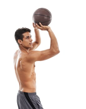 Man, sports and basketball with shirtless athlete aim at target in studio for fitness and health on white background. Physical activity with muscle, training for game with workout or exercise