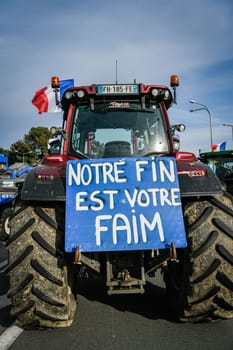 France, Bordeaux, 29 January 2024, Farmers' demonstration, blockade of the Langon toll plaza and snail mail operation on the A62 motorway