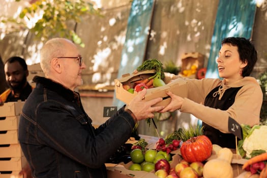 Elderly client buying organic natural farm products at farmers market