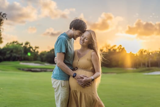 A blissful moment as a pregnant woman and her husband spend quality time together outdoors, savoring each other's company and enjoying the serenity of nature