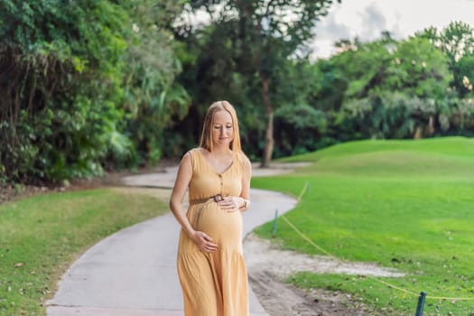 Tranquil scene as a pregnant woman enjoys peaceful moments in the park, embracing nature's serenity and finding comfort during her pregnancy