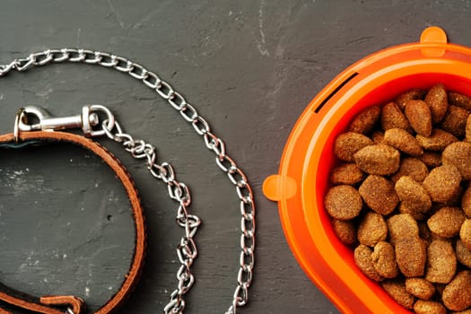 Dog food in bowl and collar on gray background