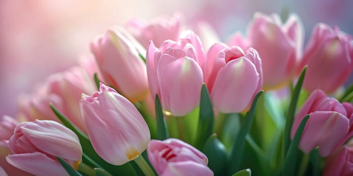 Beautiful bouquet of pink tulips on a blurred background. Ai generation.