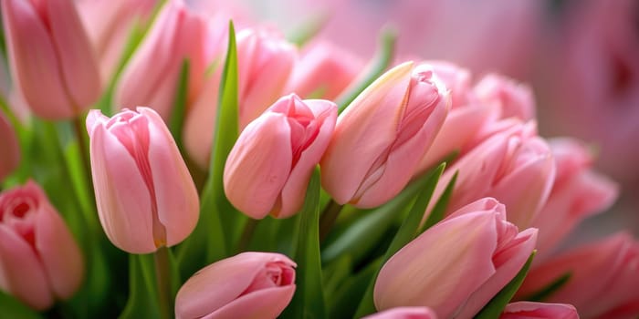 Beautiful bouquet of pink tulips on blurred background. Ai generation.