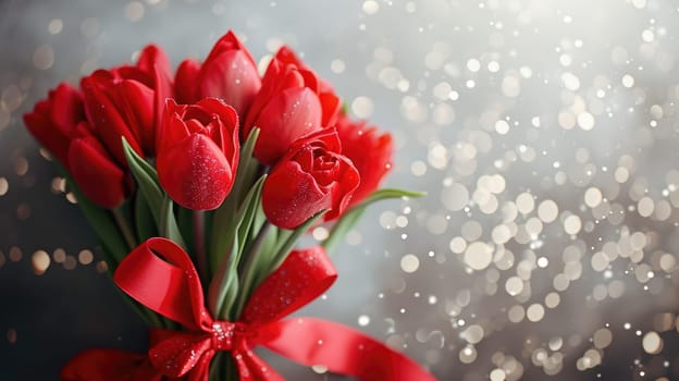 Beautiful bouquet of red tulips on bokeh background. Ai generation.