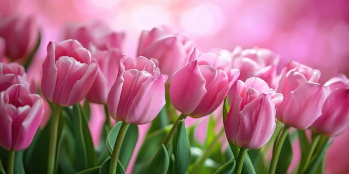 Beautiful bouquet of pink tulips on a blurred background. Ai generation.