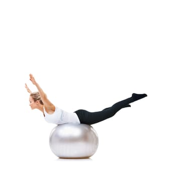 Woman, ball or balance on studio space for workout, wellness or mobility exercise on white background. Female athlete, training equipment or fitness for mockup, stretching legs or body flexibility