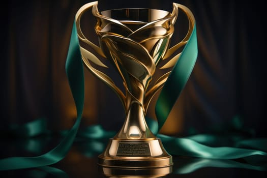 Golden trophy shaping like shield with green ribbon, business and competition concept. Generative AI.